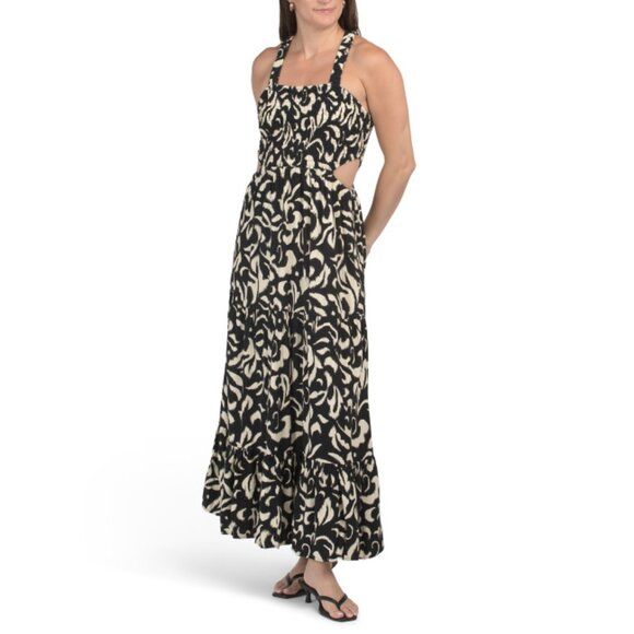FRYE Black Beauty Combo Linen Blend Smocked Cut Away Maxi Dress - Picture 1 of 2